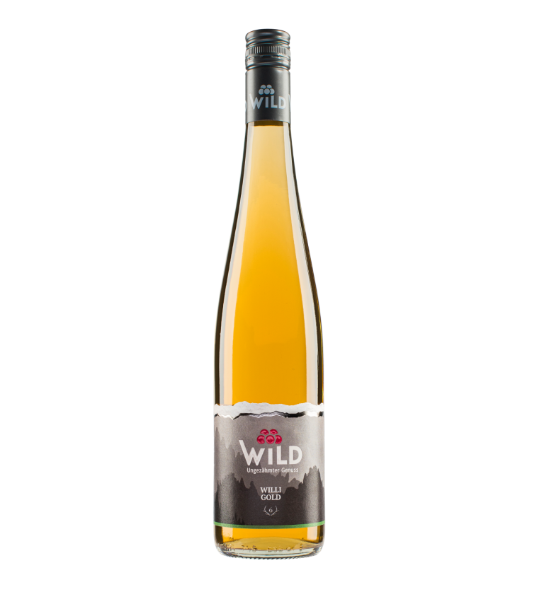 Flasche mit Williamsbirnen-Schnaps und ansprechend gestaltetem Etikett. Brennerei Wild, 6-Ender, Willi Gold