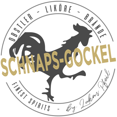 Firmenlogo vom Schnapsgockel. Gelber Hahn in Seitenansicht umgeben von einem Kreis. Quer über den Hahn steht in großer Schrift der Firmenname "Schnaps-Gockel". Im Kreis steht mit grauer Schrift am Rand: Obstler, Brände, Liköre und die Webadresse: www.schnaps-gockel.de by Lukas Pfeil